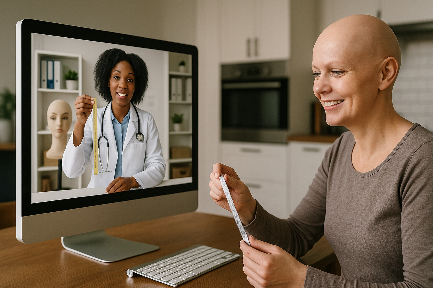two women talking to each other via computer. the women in the computer is a doctor with a white coat on presenting a tape measure. she is african american and she is standing next to a manniquinn head on a wig stand inside of her office. the woman watching the screen is smiling with a tape measure in hand. she has no hair and she it causasian. she is in her kitchen at the table of her home.