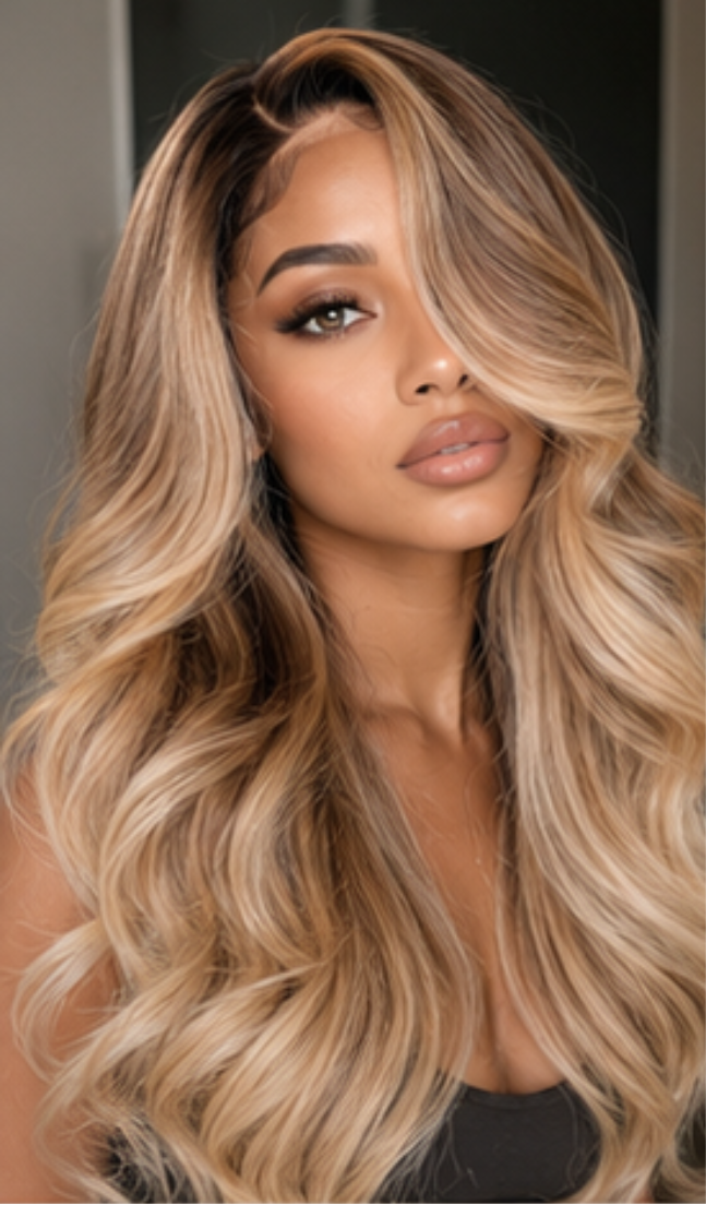 Woman with long, wavy, blonde hair against a neutral background
