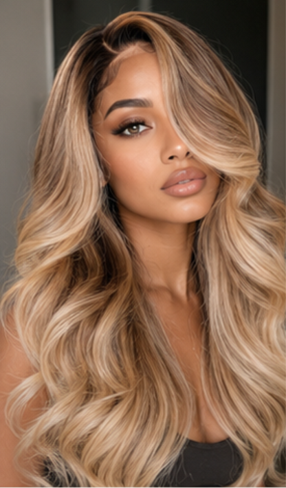 Woman with long, wavy, blonde hair against a neutral background