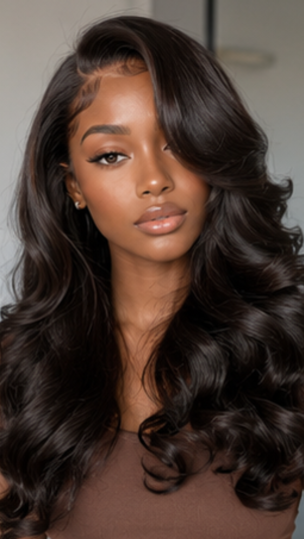 Woman with long, wavy hair against a plain background