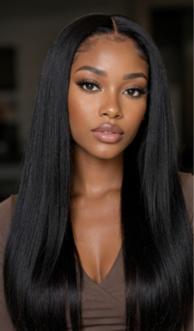 Woman with long black hair against a neutral background
