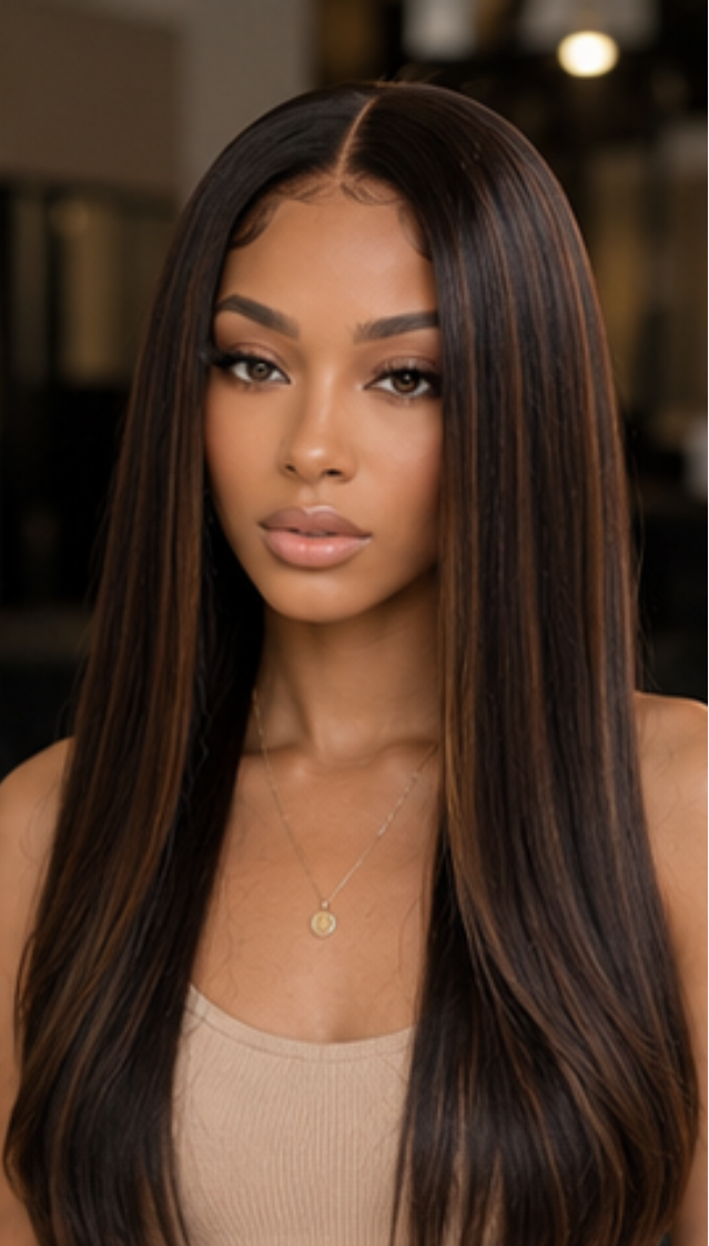 Woman with long, straight brown hair on a blurred background