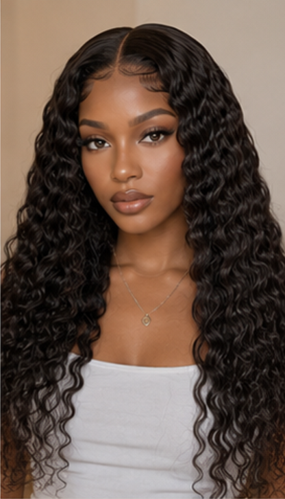 Woman wearing a long, wavy black wig on a plain background