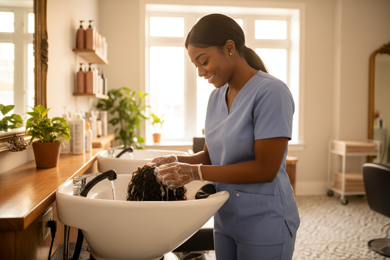 A black woman in scrubs leaning into a salon style shampoo bowl with water running and she has a wig in her soap hand leaning towards the water. she appears smiling and focused. 