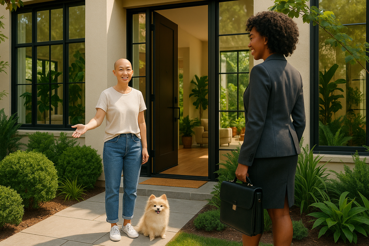 an asian bald lady is standing in the door way of her beautiful 2 story home with lots of huge window dressed casually beckoning for the other woman to come in with a gentle smile and lots of greenery inside and outside her home and a well manicured landscape. she has a small pomeranian next to her feet. the other woman is african american with a skirt suit on with a black briefcase and and ipad in hand. she has on heels. she's smiling as well and we can see a side back view of her.