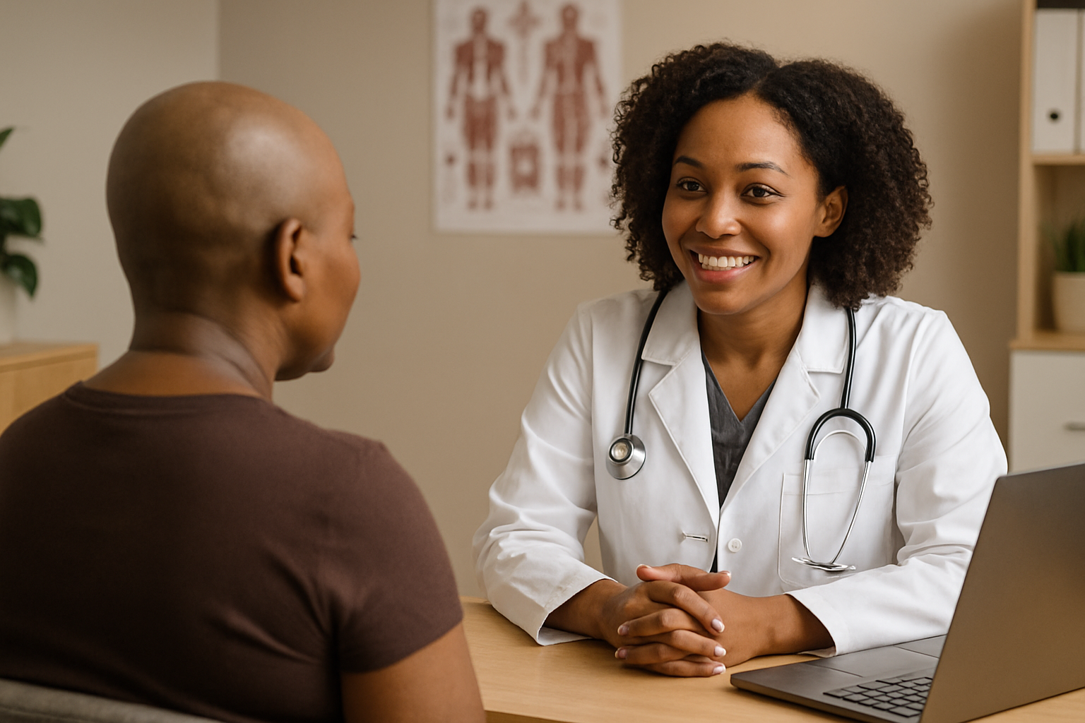 an in person consultation with two women sitting across the table from each with one of the women being a dr with a white coat and a laptop in front of her. the other woman is bald with her back towards the screen. both women are african american.