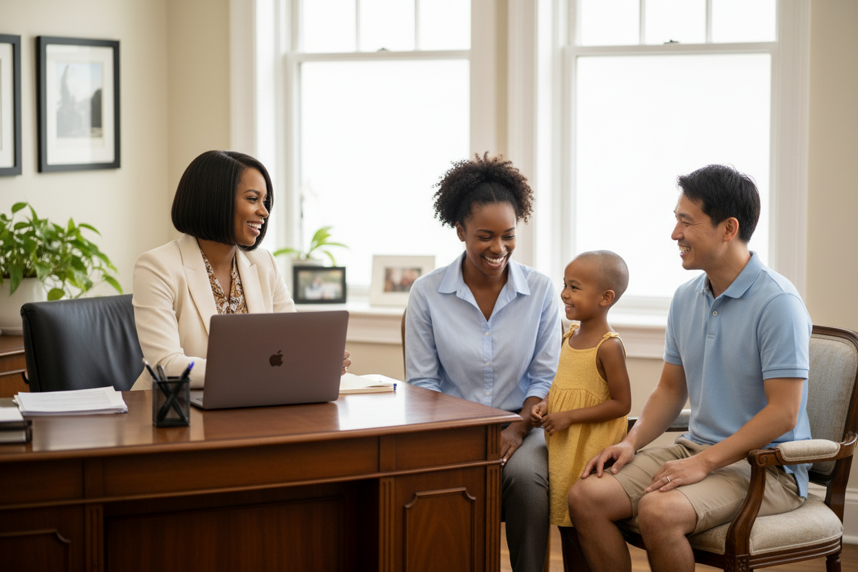 change this to an office setting with a desk separating the black woman from the family with a laptop face the black woman on the desk