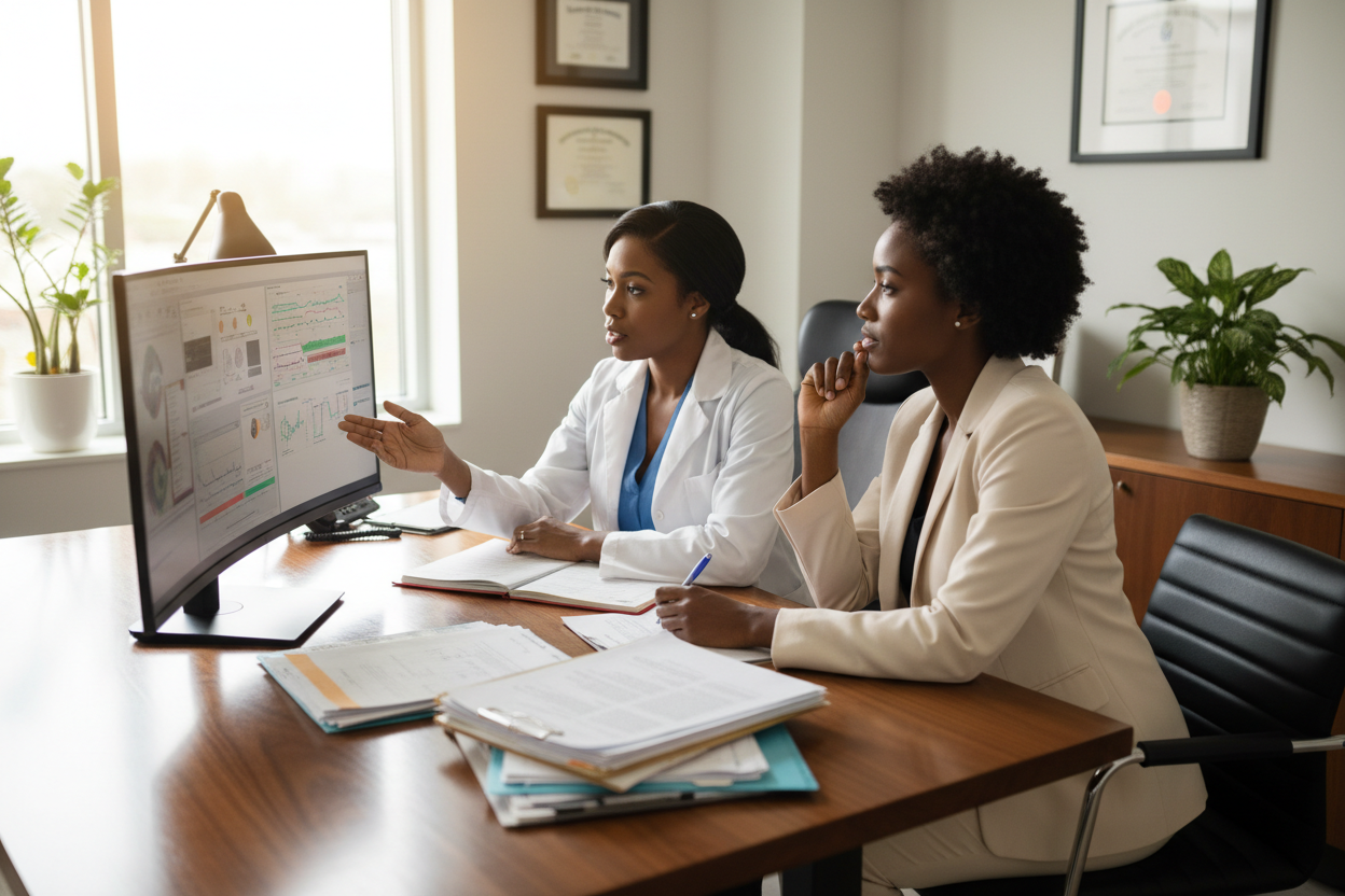 two black women at a desk reviewing paper work on a computer. One has on a white doctor's coat and appears to be explaining what's on the computer screen. 